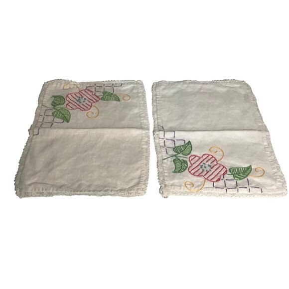 Vintage Hand-Embroidered Floral Linen Doilies Set Of 3 - Picture 3 of 9